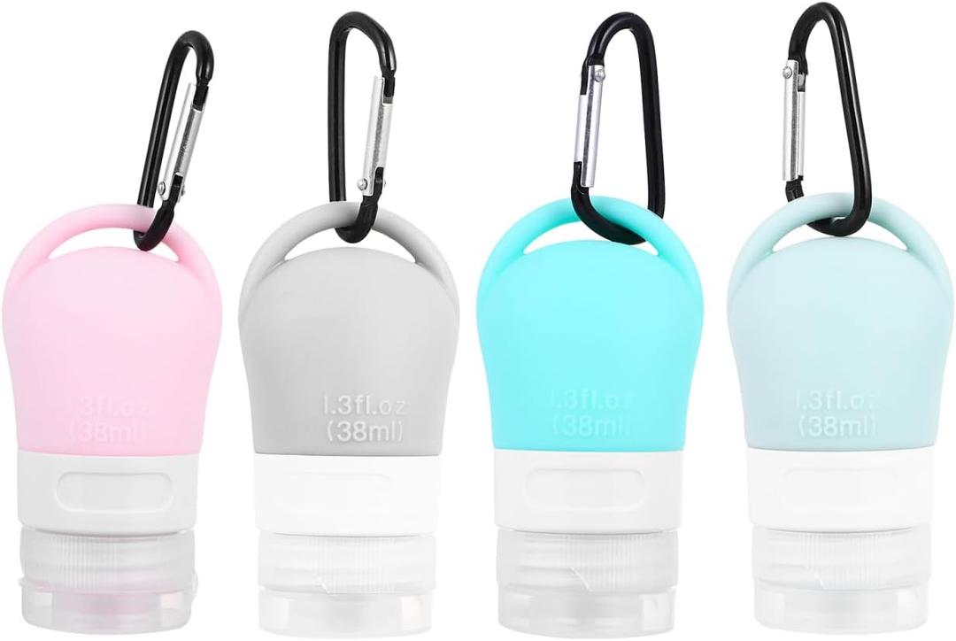 Healeved 4-Pack 1.3Oz Travel Size Silicone Refillable Lotion Bottles with Hook Clear Pump Dispensers for Hand Soap Cosmetic Storage