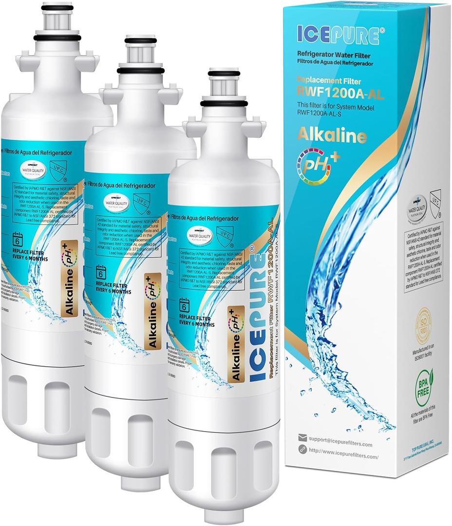 ICEPURE Alkaline ADQ36006101 Refrigerator Water Filter Replacement for LG LT700P, Kenmore Elite 46-9690, FML-3, ADQ36006102, RWF1052, CLCH106, RWF1200A, LFX28968ST, LFXS29626S, Enhances PH, 3Pack
