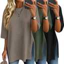 3 Pack Women's 3/4 Sleeve Waffle Knit Tops Oversized Crewneck T-Shirts Loose Casual Blouses Side Split Tees (X-Large, Black, Olive Green, Coffee)