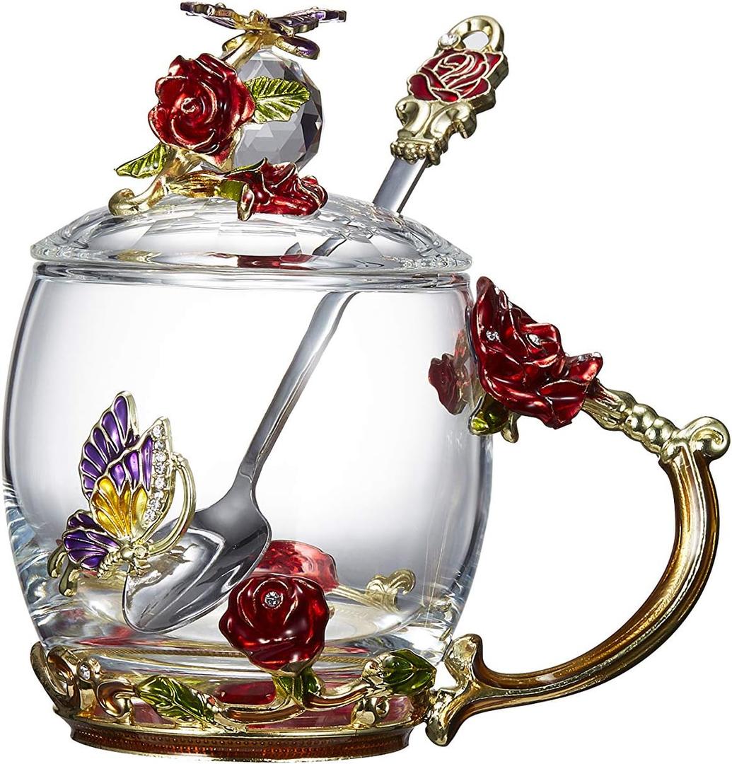 Flower Teacup Transparent Glass Teacup, (With Spoon + Lid), Fancy Tea Cups,Tea Cup Gift, Gifts for Women,Mother's Day Present. (Rose Red Short Cup)