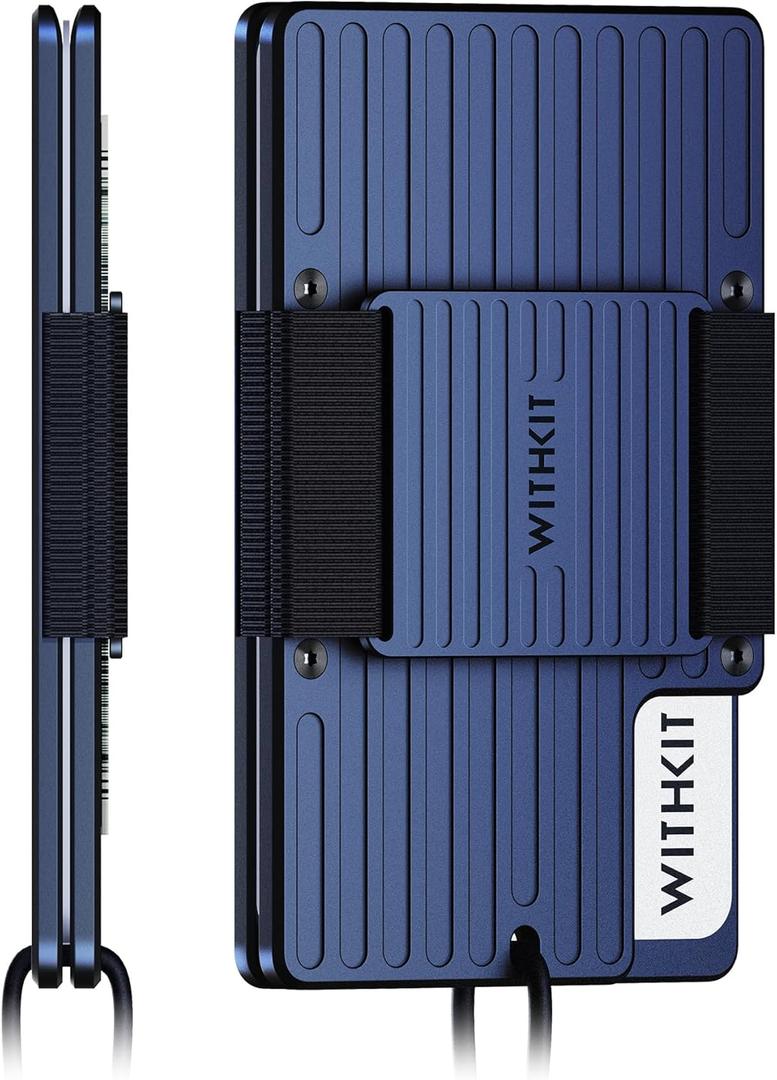 2 x Minimalist Slim Metal Mens Wallet - RFID Blocking Credit Card Holder with Cash Strap and Lanyard - Aluminum Small Thin Front Pocket Wallet (Metalblue)