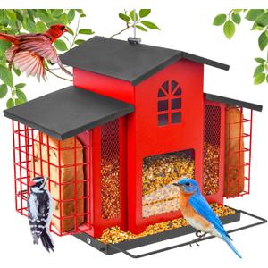 Large Bird Feeders for Outdoors Hanging,Metal Bird Feeder with Double Suet Cage Cake,Sturdy & Weatherproof,Easy to Clean & Refill,4.6Lbs Large Capacity, Great for Attracting Wild Birds,Red