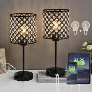 Touch Control Crystal Table Lamp Set of 2, Black Bedside Nightstand Lamps with USB-C+A Charging Ports 3-Way Dimmable Crystal Decorative Desk Lamp for Bedroom Guest Room Living Room, Bulbs Included (17")