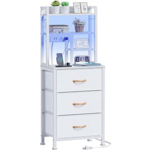 Furnulem Tall Nightstand with LED Lights and 3 Tier Shelves, Night Stand with 3 Fabric Drawers, 45.3inch Tall Bedside Tables with USB Ports and Outlets in Bedroom, Dorm, Office (White)
