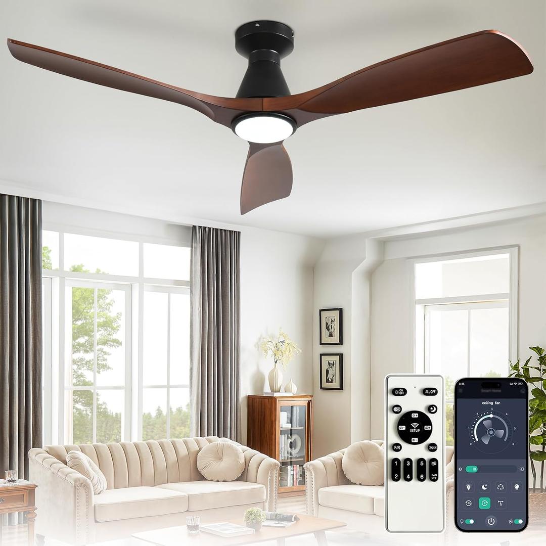 Depuley 52-Inch Ceiling Fans with Lights: Walnut 3 Blade Flush Mount Low Profile Ceiling Fan for Bedroom - Dimmable Indoor Outdoor Fan with Remote APP Control Ultra Quiet DC Motor Timer 52 inch, Walnut