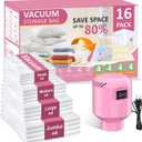 Vacuum Seal Bags for Clothing Travel, 16 Pack Space Saver Vacuum Storage Bags with Electric Pump,Portable Compression Sealer for Clothes,Blankets,Bedding & Travel Essentials,Good for Luggage Packing (Pink Small x4,Medium x4,Large x4,Jumbo x4)