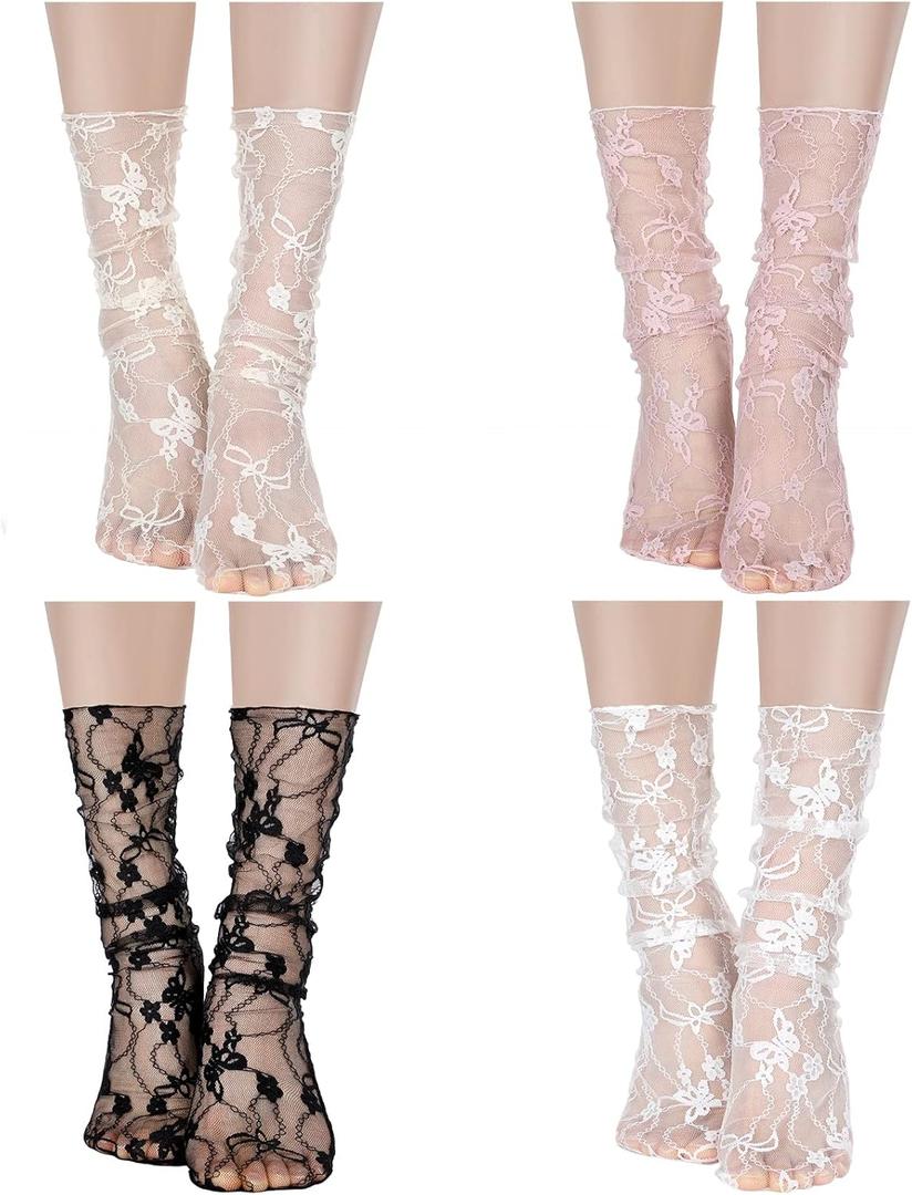 Bencailor 4 Pairs Women Sheer Slouch Socks Lace Mesh Novelty Decorated Nylon Loose Ankle High (One Size, Black, White, Apricot, Pink)