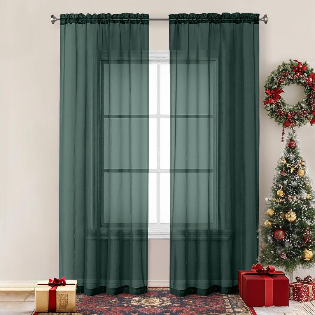 Chyhomenyc Hunter Green Sheer Curtains 84 inches Long 2 Panels, Light Filtering Emerald Voile Christmas Sheer Window Curtain Drapes for Living Room Bedroom, 1 Pair, Each 42W x 84L