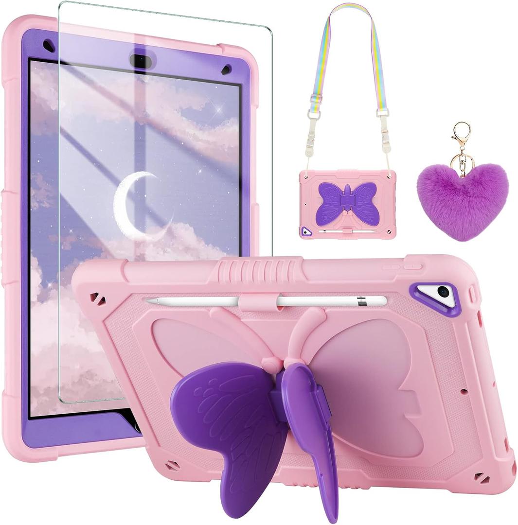 WESADN for iPad 9th Generation Case 8th 7th Gen 10.2 inch with Screen Protector/Butterfly Kickstand/Lanyard/Keychain Rugged Case with Pencil Holder for Kids Girls Cover for iPad 10.2 Case Pink Purple