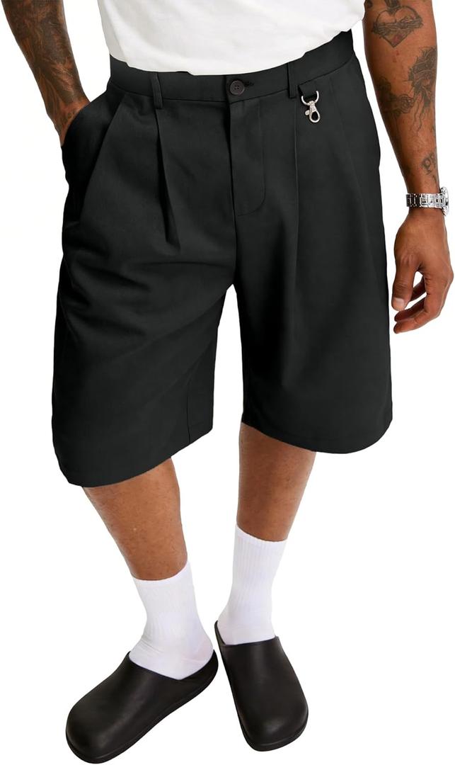 PLEPAN Men's Baggy Wide Leg Casual Shorts Pleated Dress Business Elastic Waist Summer Shorts with Pockets (Black, XL)