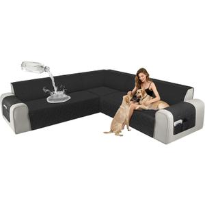 ALIECOM Corner Sectional Couch Covers Waterproof Washable L Shape Sofa Cover Protector Geometric Jacquard Sectional Slipcover Furniture Cover with Adjustable Strap for Pet Dog (Large, Black)