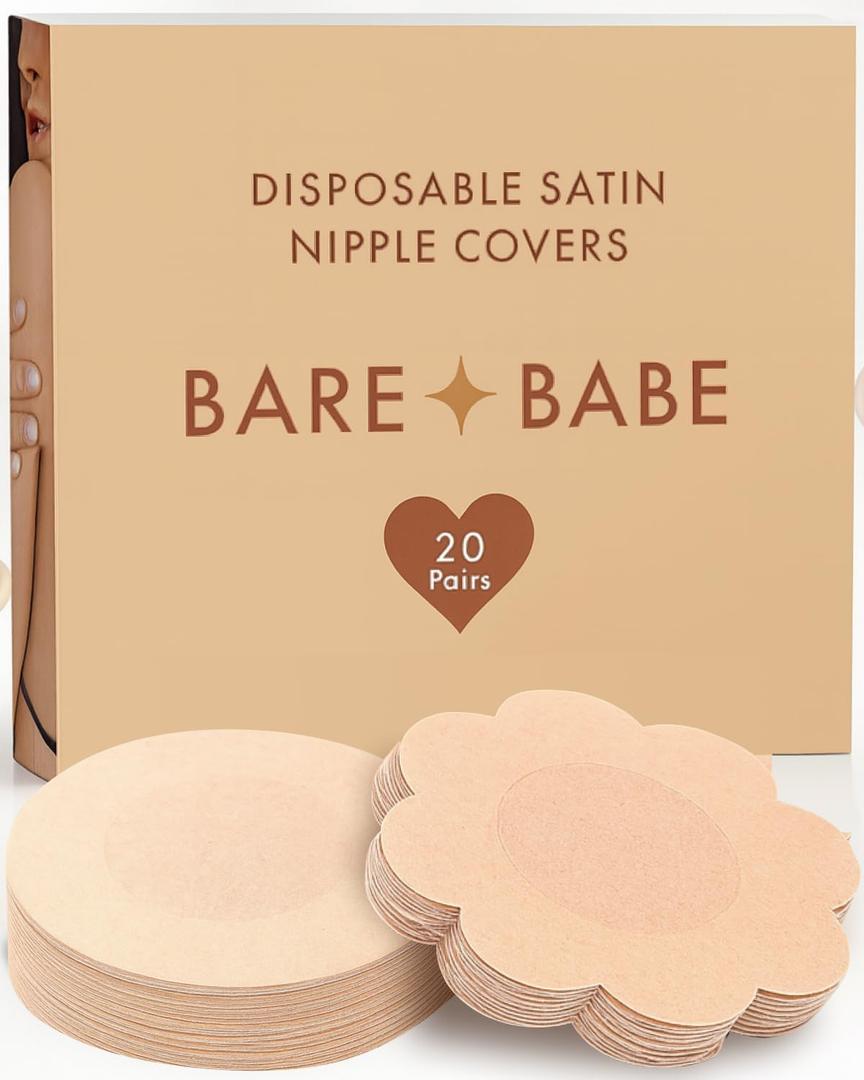Bare Babe 40 Pieces Satin Nipple Pasties - Hypoallergenic, Disposable, Adhesive Breast Pasties - Nude Nipple Covers No-Show
