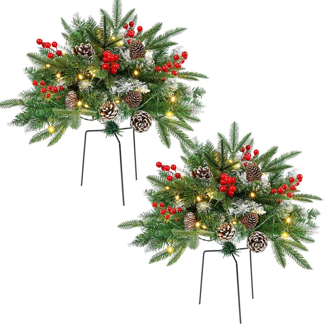 Set of 2 Christmas Tree Urn Filler, Lighted Artificial Xmas Pine Trees with Tripod Stake, Battery Powered Outdoor Christmas Trees for Porch, Driveway, Yard (14 Pine Cones)