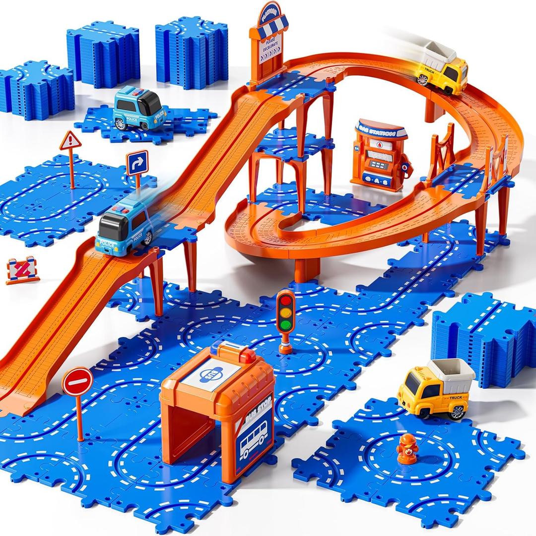Toddler Puzzle Race Cars Track Toys for Kids Age 3-5 2-4 Years, 59PCS Puzzles Car Track Set Includes 2 Cars and Road Signs, Educational Birthday Gifts for Kids, Boys and Girls