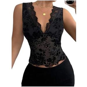 Milumia Women's V Neck Lace Tank Top Y2k Sleeveless Sheer Mesh Crop Tops Rave Clubbing Size L Milumia Women's V Neck Lace Tank Top Y2k Sleeveless Sheer Mesh Crop Tops Rave Clubbing Size L