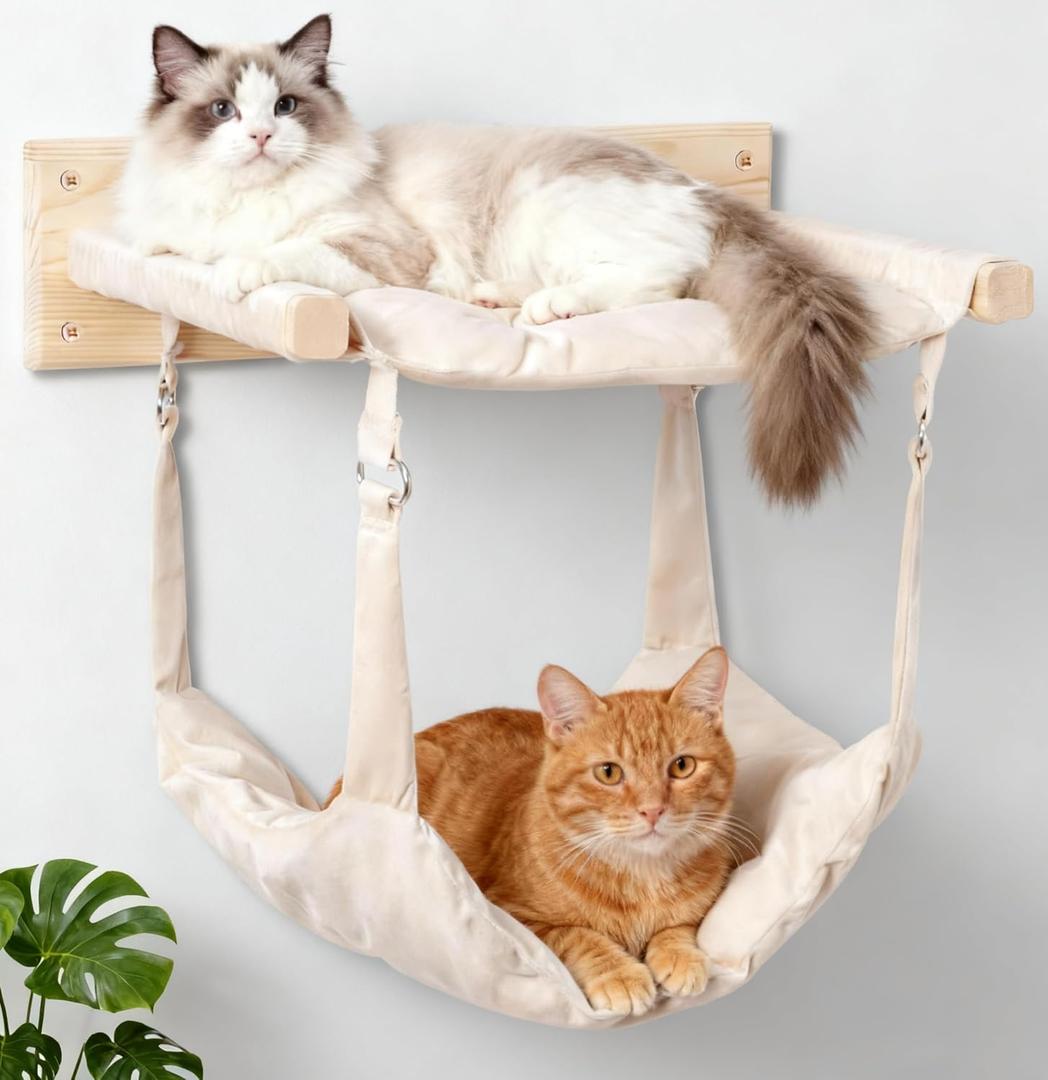 JSPYFITS Wooden Cat Wall Hammock, 18.9 x 12.6 Inch Double Layer Cat Furniture Hammock, Large Removable Multi-Function Cats Bed for Sleep/Play/Climb/Lounge Easy DIY Installation(Beige)