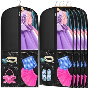 6 Pcs 24'' x 50'' Clear PVC Garment Bag Dance Costume Competition Bag with Rack Zippers Pockets Hanging Garment Covers Costume Organizer Costume Carrier for Adults Kids(Black)