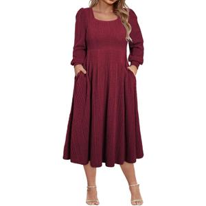 Eytino Plus Size Dresses for Curvy Women Square Neck Long Sleeve Pocketed Knitted Sweater Dress, 2X Burgundy