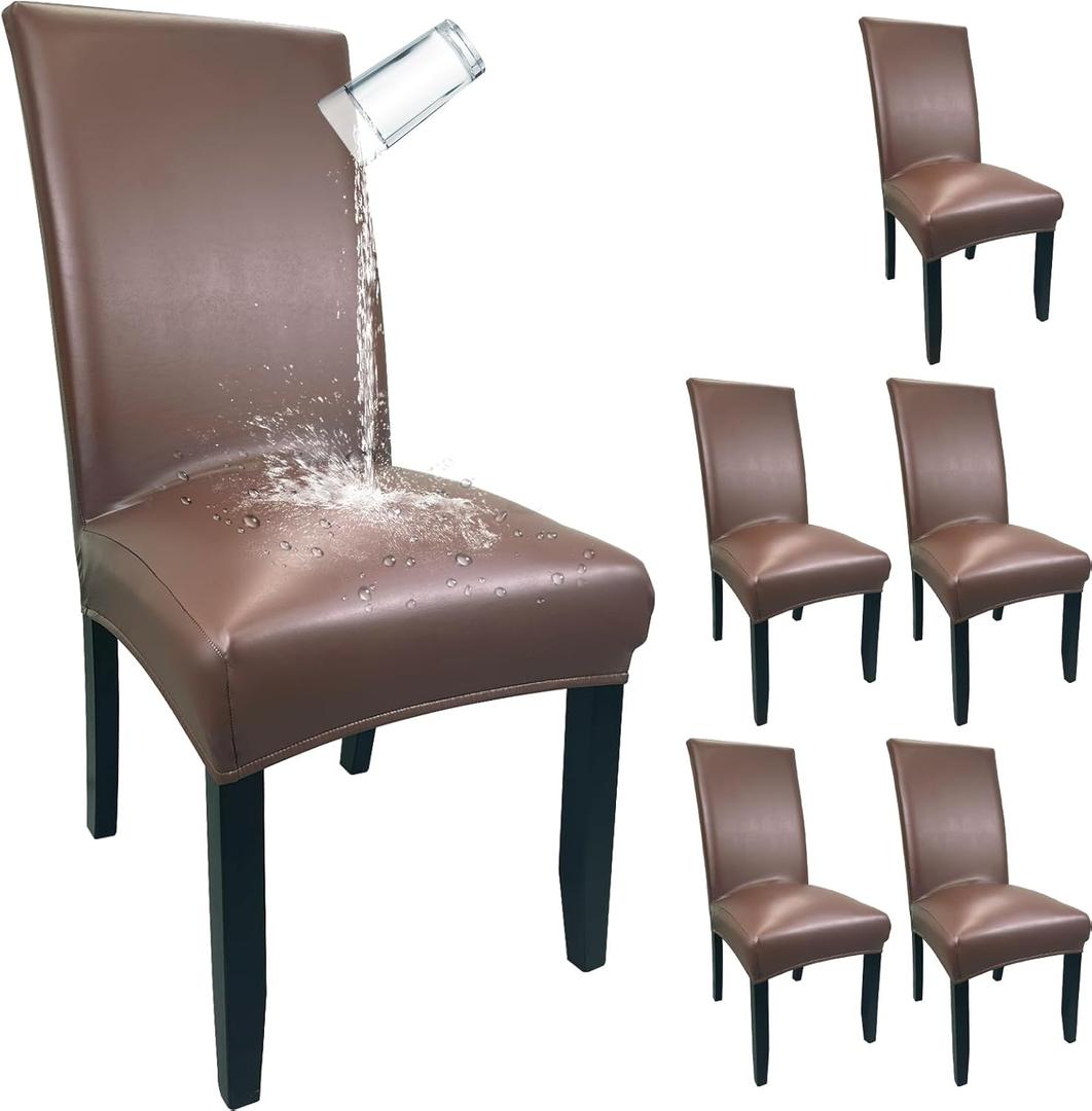 Pu Leather Dining Chair Covers set of 6, Waterproof Kitchen Chair Covers for Protecting Chairs from Stain/Scratch, Soft & Elastic Parsons Chair Slipcover Well-Fitted for Dinning Room(Coffee, 6Pcs)