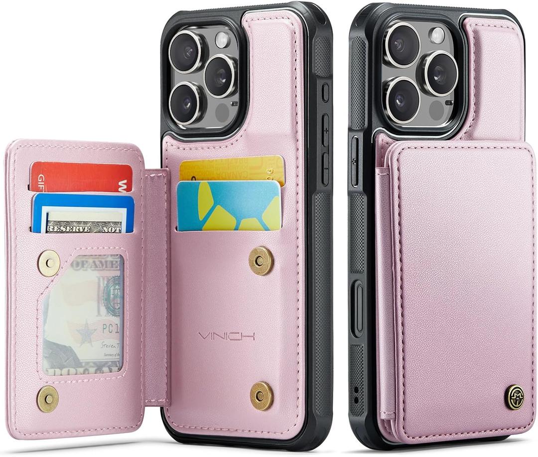 Vinich for iPhone 16 Pro 6.3" Wallet Case with Card Holder, RFID Blocking Credit Slots Kickstand Shockproof Phone Cover for Women Men, Rose Gold