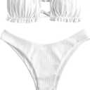 ZAFUL Women 2 Piece Strapless Bikini Swimsuits Ruffle Ribbed Self Tie Bandeau Bikini Set High Cut String Bathing Suits (Medium, 0-white)