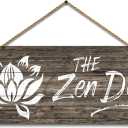 1 KINGO Farmhouse Zen Den Signs: Rustic Zen Den Yoga Studio Room Decoration Canvas Print Lotus Flower Wall Decor - Vintage Decorative Wooden Texture Wall Plaque for Home 6" x 15"