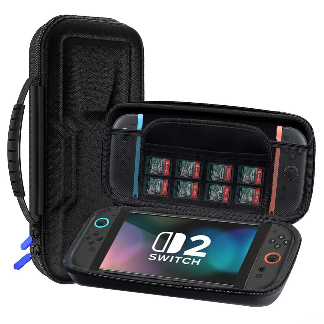 Pequecom Hard Carrying Case for Nintendo Switch 2 (2025) - 3-in-1 Starter Kit with 2 Screen Protectors & Secure Straps, Shockproof Travel Storage Shell Pouch, Portable Console Organizer, Black