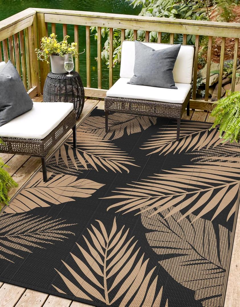 Outdoor Rug 10' x 14' for Patio Waterproof Clearance, Reversible Indoor Outdoor Plastic Straw Camping Rug Carpet, RV Mat, Large Area Rug for Deck, Backyard, Balcony, Porch,Beach,Black and Brown