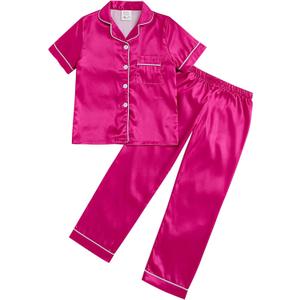 MyFav Pajama Set for Girls Button Down Silky Kids Sleepwear Nightwear Loungewear Clothes Set (Pink)