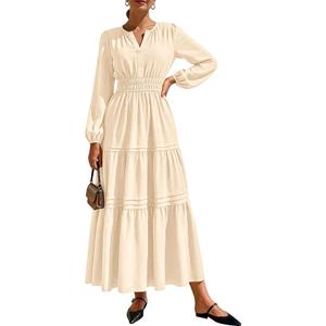 PRETTYGARDEN Women's 2026 Elegant Maxi Dresses Long Sleeve V Neck Flowy Pockets Casual Modest Dress Fall Fashion Clothes, L