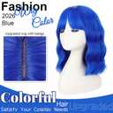 Earfodo Short Blue Wavy Wigs with Bangs Navy Blue Wig for Women 14Inch Blue Color Hair Shoulder Length Heat Resistant Cosplay Wigs for Halloween Cosplay Daily Party Use