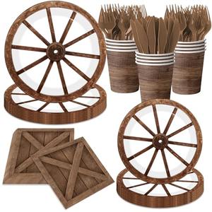 Western Party Decorations - 144Pcs Wagon Wheel Plates and Napkins Brown Wild West Themed Tableware for Country Cowboy Party Supplies