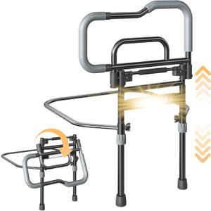 Bed Rails for Elderly Adults Safety, Foldable Bed Assist Rails for Seniors with Sensor Light & Storage Pocket, Adjustable Height, 180 One-Hand Folding Bed Side Rails Fit King Queen Full Twin