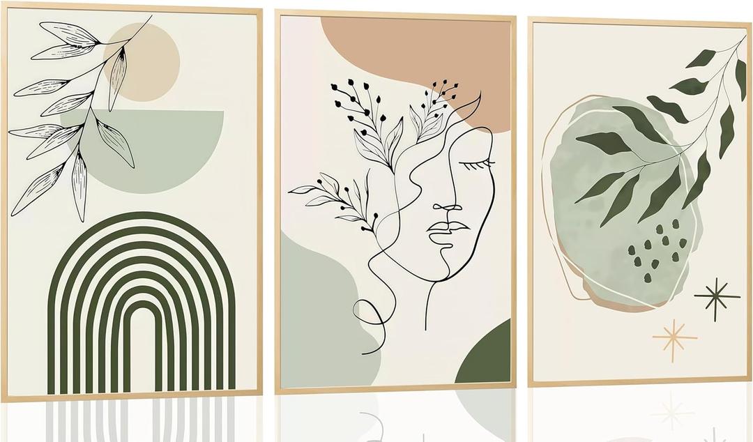 Esejchiam 3pcs Abstract Boho Style Wall Art Green Plant Canvas Prints Poster Pictures Simple Geometric Lines Beige Green Paintings Decoration for Living Room Bathroom Bedroom Wall Decor Unframed