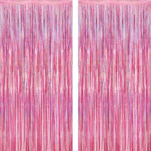 2 Pack Glitter Pink Backdrop, 3.28 FT x 7.05 FT Birthday Party Decorations, Laser Pink Fringe Curtains Foil Streamer Tinsel, Pink Curtains Photo Backdrop Happy Birthday Valentines Day Backdrop