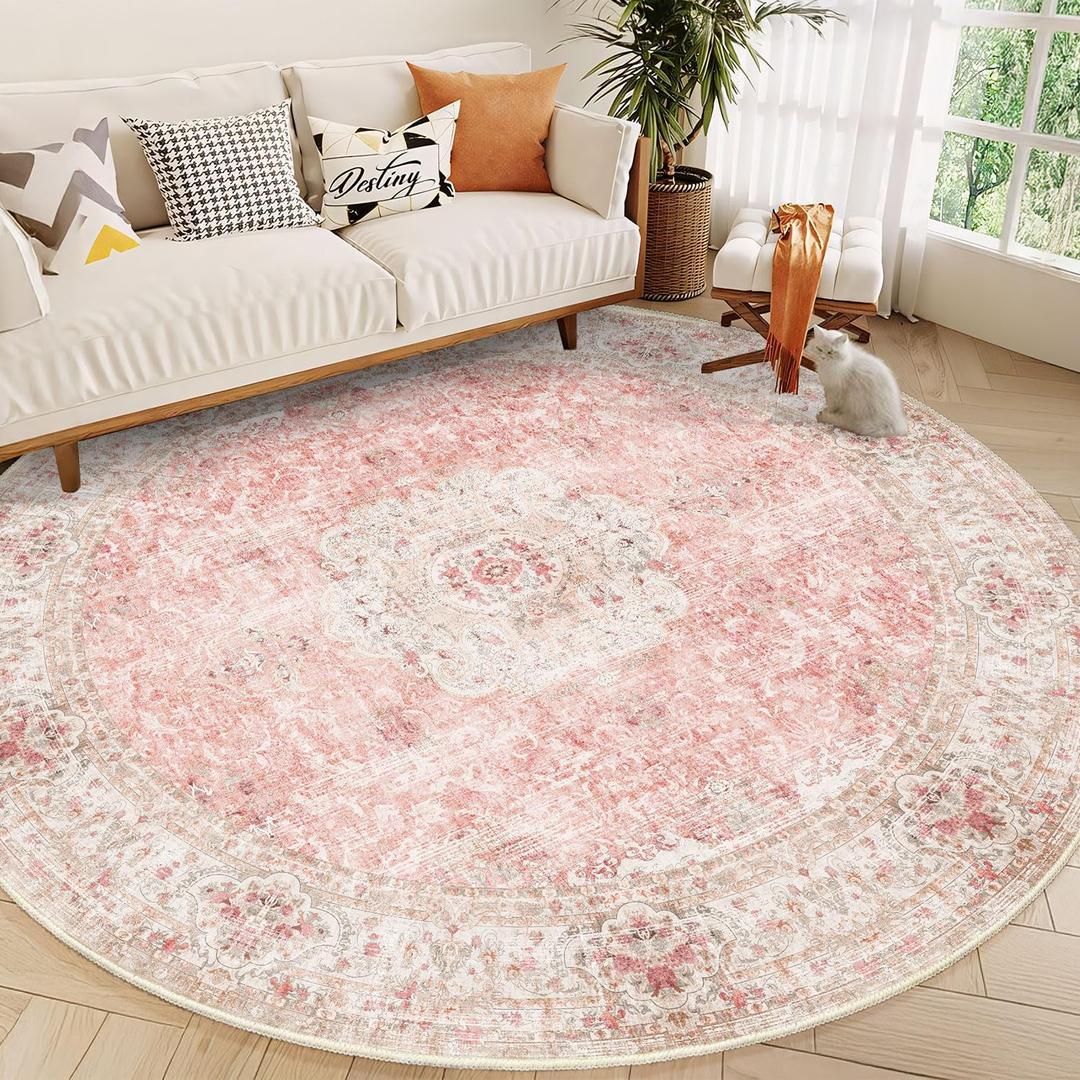 Round Rug 9ft,Large Pink Circle Area Rugs for Bedroom Living Room,Washable Boho Vintage Bohemian Distressed Oriental Floral Carpet Non Slip