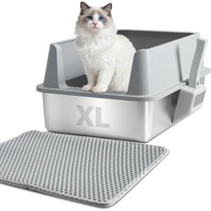 XL Stainless Steel Litter Box with Lid, Extra Large High Sided Metal Cat Litter Box with Mat and Scooper, Easy Clean, Non Stick & No Smell