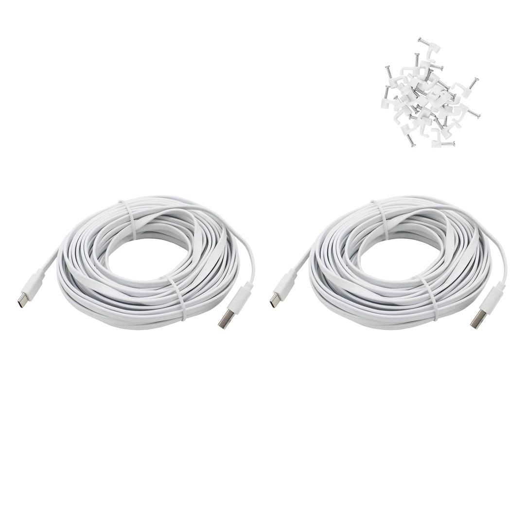 PDEEY 2 Pack 25 ft USB C Cable for Security Camera Outdoor Indoor, Type-C Extension Charging Cord Flat, Waterproof, with Wire Clips (White)