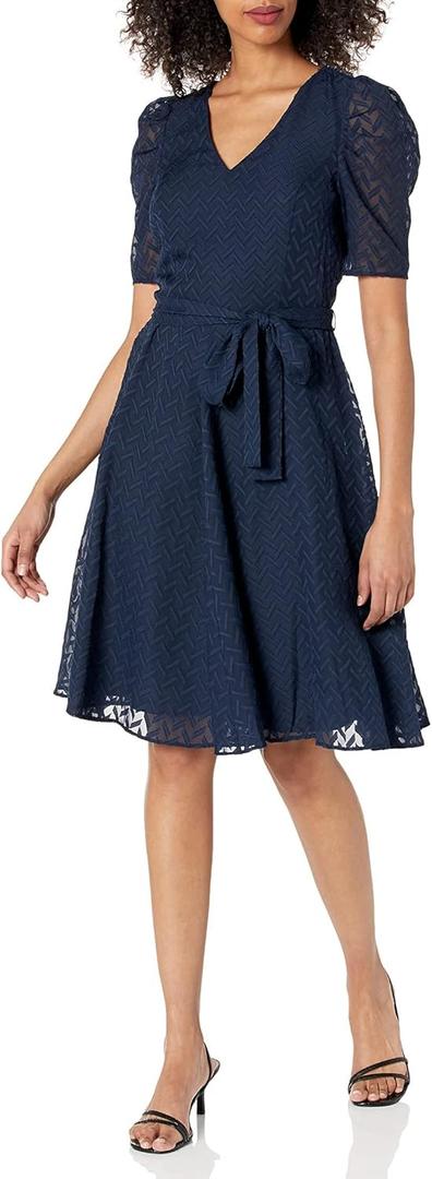 Tommy Hilfiger Women's Puff Sleeve V-Neck Tie Waist Chiffon Mini Dress (10)