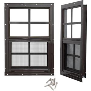 NeatiEase 2 Pack Shed Window with Black Frame, 12x 18 Flush Mount Small Window with Tempered Glass and Fiberglass Screen for Shed, Chicken Coop, Playhouse, Household, Garage (Brown)