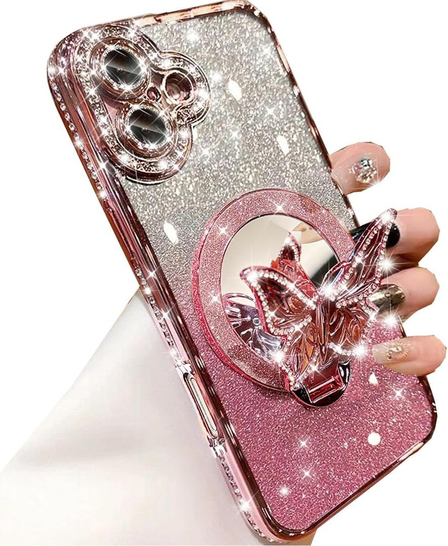 Magnetic Kickstand Glitter Case for iPhone 16 Plus,[Compatible with MagSafe] Cute Bling Sparkly Diamond Butterfly with Camera Protector Makeup Mirror Women Girls Case for iPhone 16 Plus, Pink