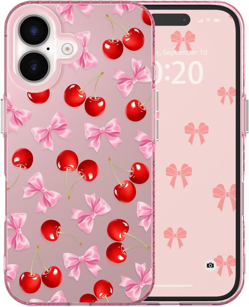 for iPhone 16 Case Cute Bows Tie Aesthetic Cherry Pattern Case for Women Girls, Girly Trendy Glossy Slim Shockproof Protective Bumper Cover, Cherries Bow/Pink