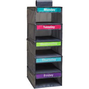 5-Shelf Weekly Clothes Organizer for Kids, Kids Daily Shelf Hanging Closet Organizer with 6 Side Pockets, Days of The Week Hanging Storage Shelves, Grey