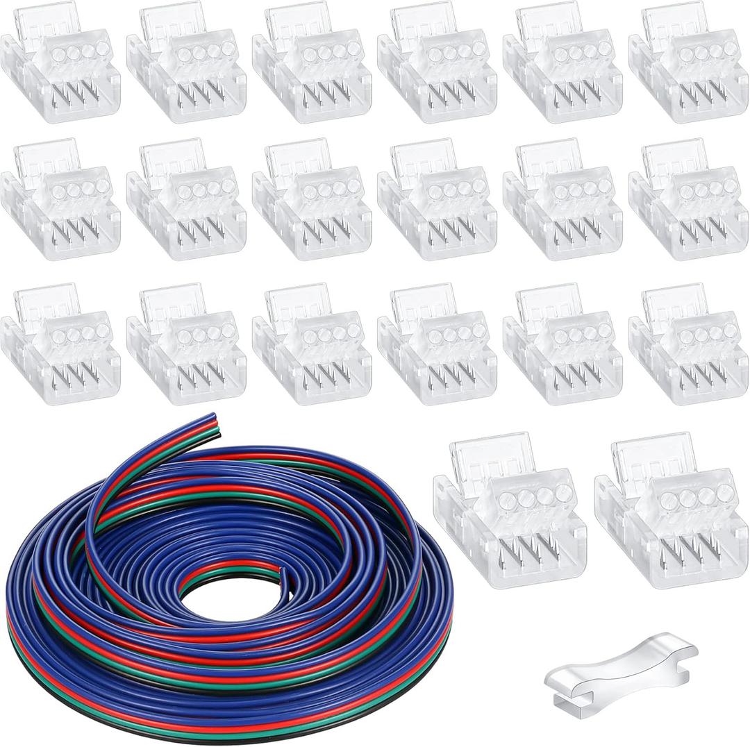Zhengmy 20 Pack 4 Pin 10mm Solderless LED Strip Connector Transparent Track Lighting LED Pin Connectors with Wire Strip 16.4ft for 5050(4 Pin, 10 mm)