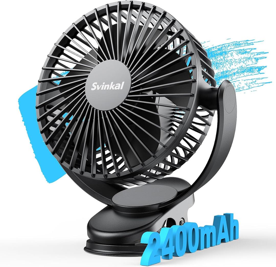 usb Personal Clip on Fan 2400mAh Battery Operated 6in, Type C, 3 Speed, 720 adjustment, Small Portable Fan for Table, Bedroom, Desk, dormitory, Camping, Stroller, Golf Cart (Black)
