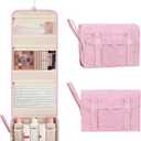 Relavel Hanging Toiletry Bag for Women, Large Makeup Travel Bag with Separate Compartments, Water Resistant Toiletries Bag for Travel Accessories, Portable Bathroom Bag for Trip Camping- Pink Strip