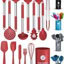 ORBLUE Silicone Cooking Utensil Set, 14-Piece Kitchen Utensils with Holder, Safe Food-Grade Silicone Heads and Stainless Steel Handles with Heat-Proof Silicone Handle Covers, Red