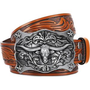 SANSTHS Cowboy Belt Western Belts for Men Women, Western Leather Belt Cowboy Cowgirl Belt Embossed Leather Belt for Jeans (for 28"-32" Waist, Silvery Bull/ Brown Belt)
