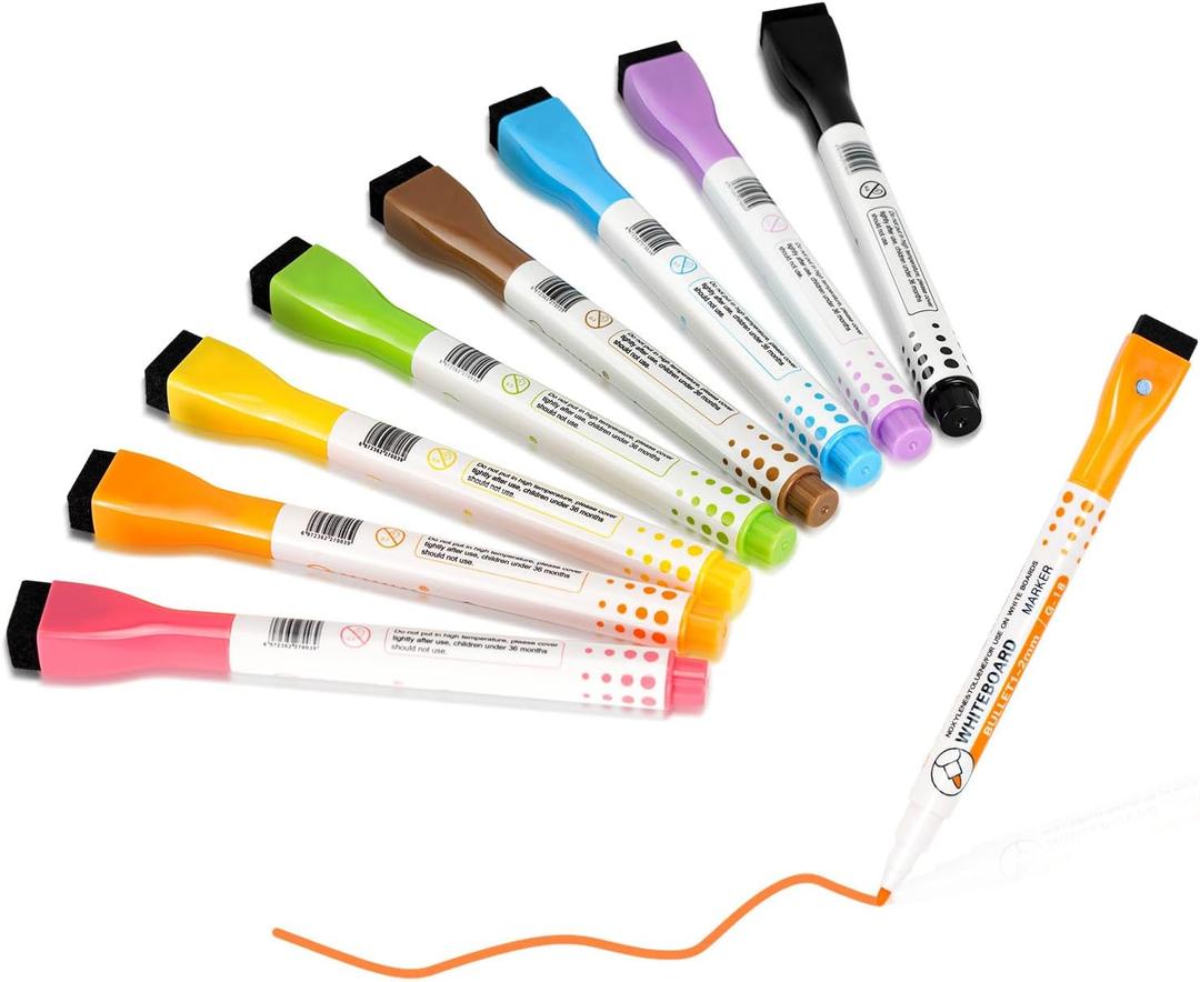 Magnetic Dry Erase Markers, 8 Colors Fine Tip White Board Markers with Eraser, Low Odor Thin Dry Erase Markers for Teacher Classroom Work on Board, Calender & Refrigerator