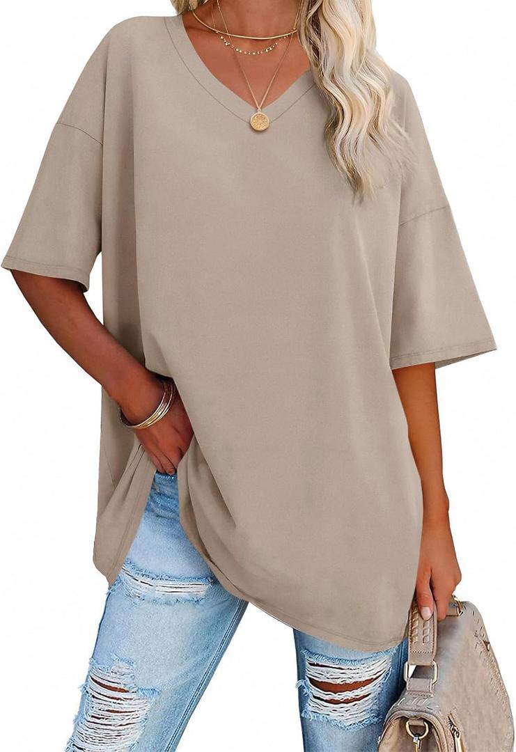 Ebifin Womens Oversized Tshirts V Neck Tee Shirts Half Sleeve Loose Fit T Shirt Cotton Tunic Tops 2024 (Medium, 01-khaki)